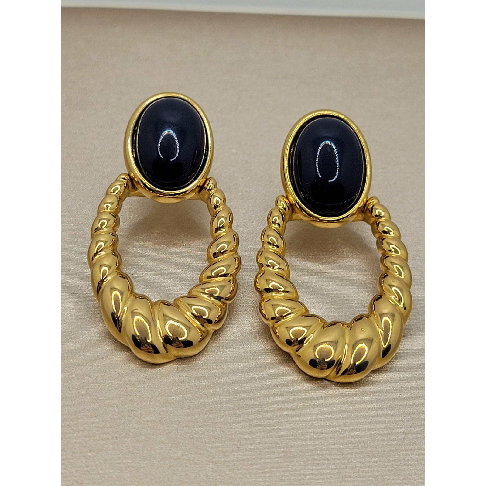 Vintage Signed Monet Door Knocker Earrings Oval Navy Blue Cabochon Goldtone 1990