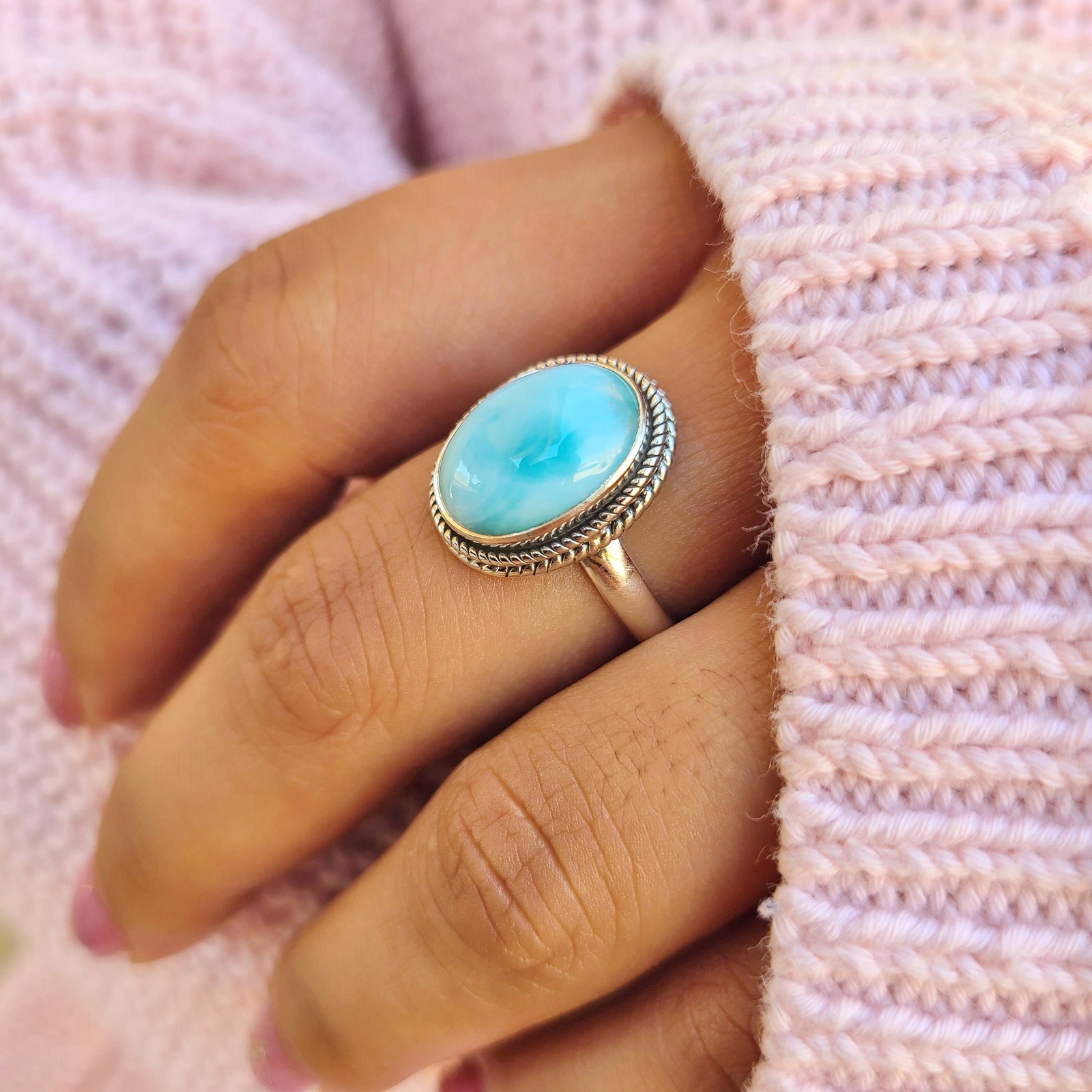 Genuine Larimar Ring 925 Sterling Silver Statement Ring Hand Made Ships From USA
