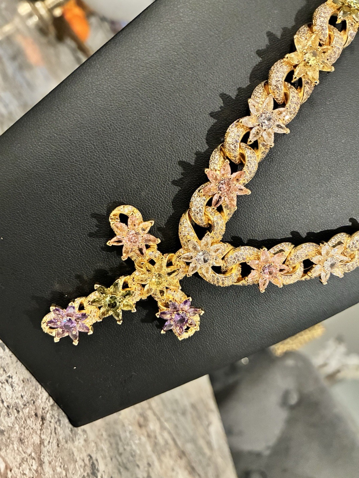 Yellow Gold Plated Cross Silver Cross Purple Yellow Pink Flowers Chain Necklace