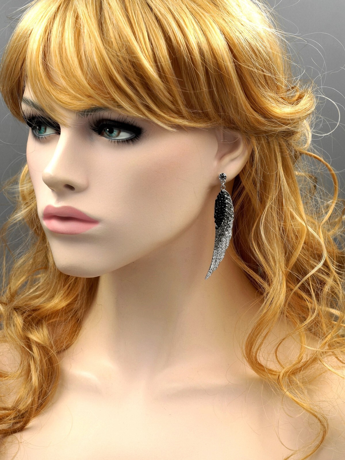 Rhodium Plated Black Crystal Rhinestone Wedding Drop Dangle Earrings Wing 08932