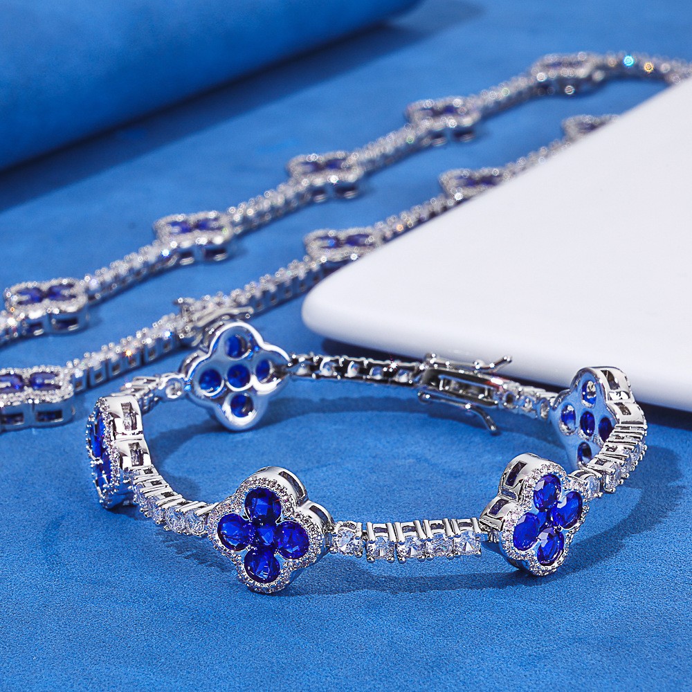 3MM White Gold Plated Four-leaf Clover Tennis Chain Choker Iced CZ Out Bracelet