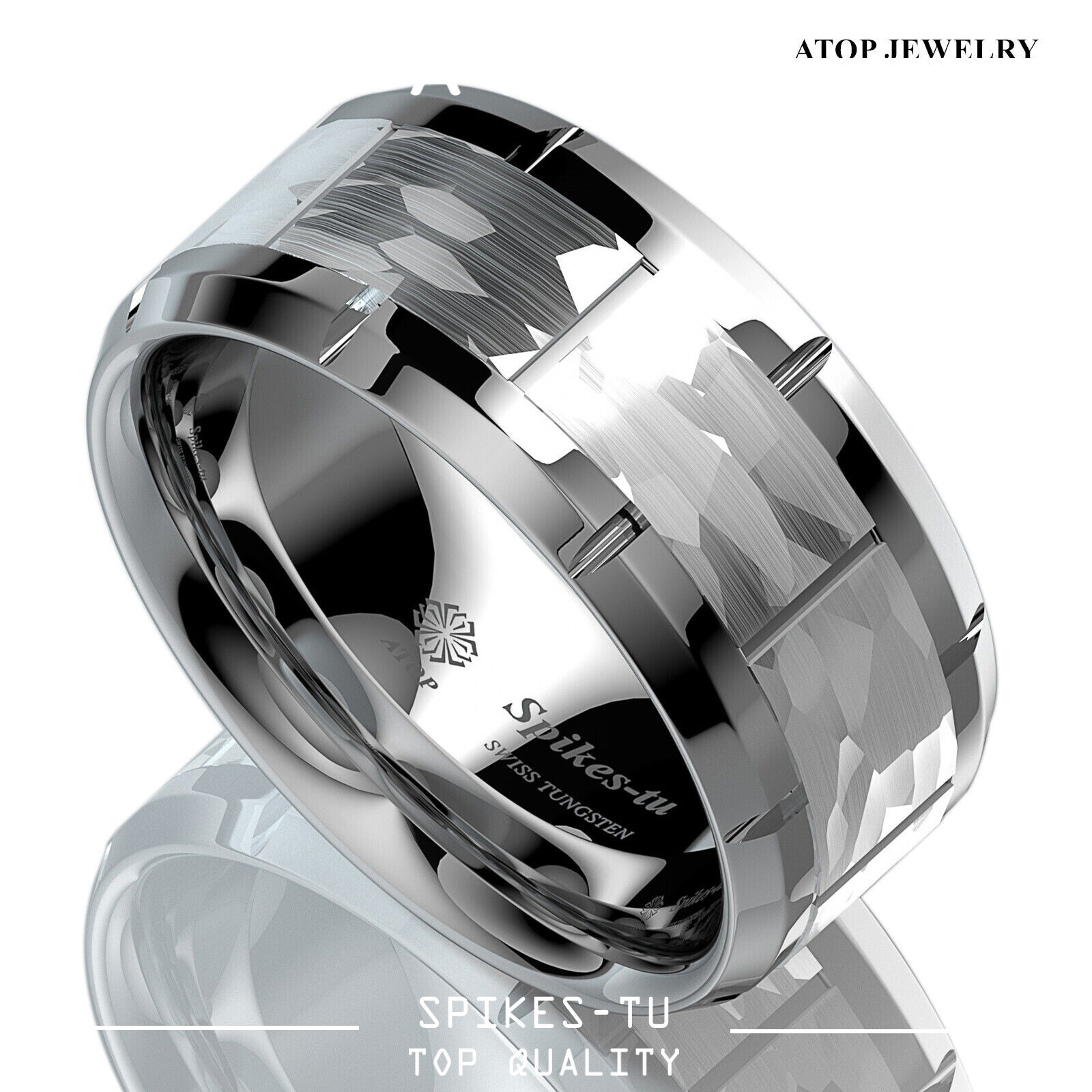 Silver Brushed Hammered Tungsten Carbide Ring for Men Wedding Band ATOP Jewelry