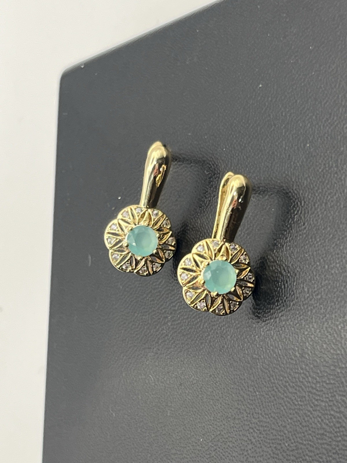 Pale blue green rhinestone gold tone flower cluster earrings