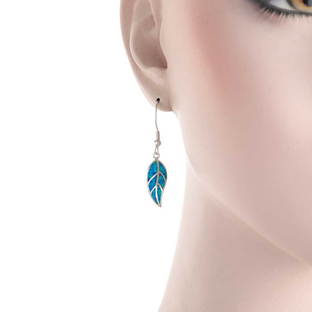 Nature Leaf Shape Ocean Blue Fire Opal Silver Jewelry Dangle Drop Earrings