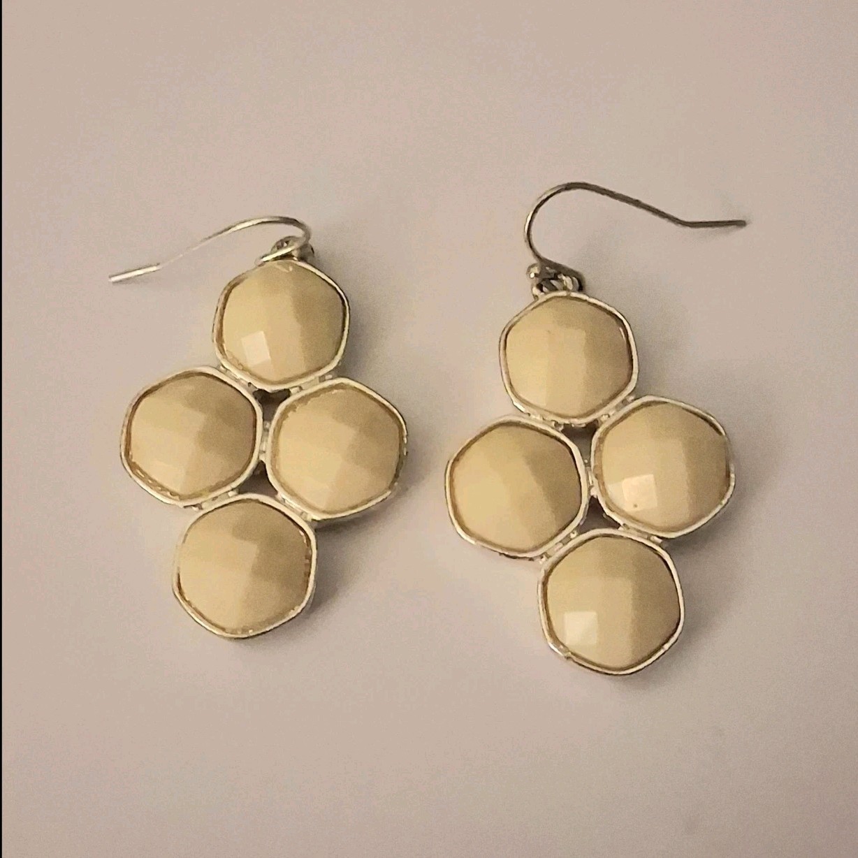 Silver Tone Flower Dangle/Drop Hook Earrings Bezel Set Round Cream Stones.