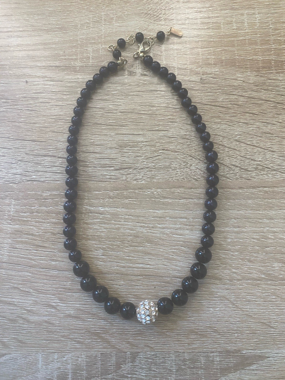 Classic Glossy Black Beaded Necklace Sparkling Rhinestone Accent Gold Tone Clasp