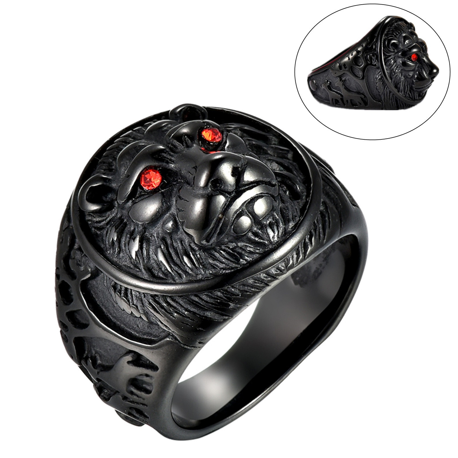 Men 316L Black Plated Stainless Steel Lion Red Eye Ring Rock Punk Band Size 7-13