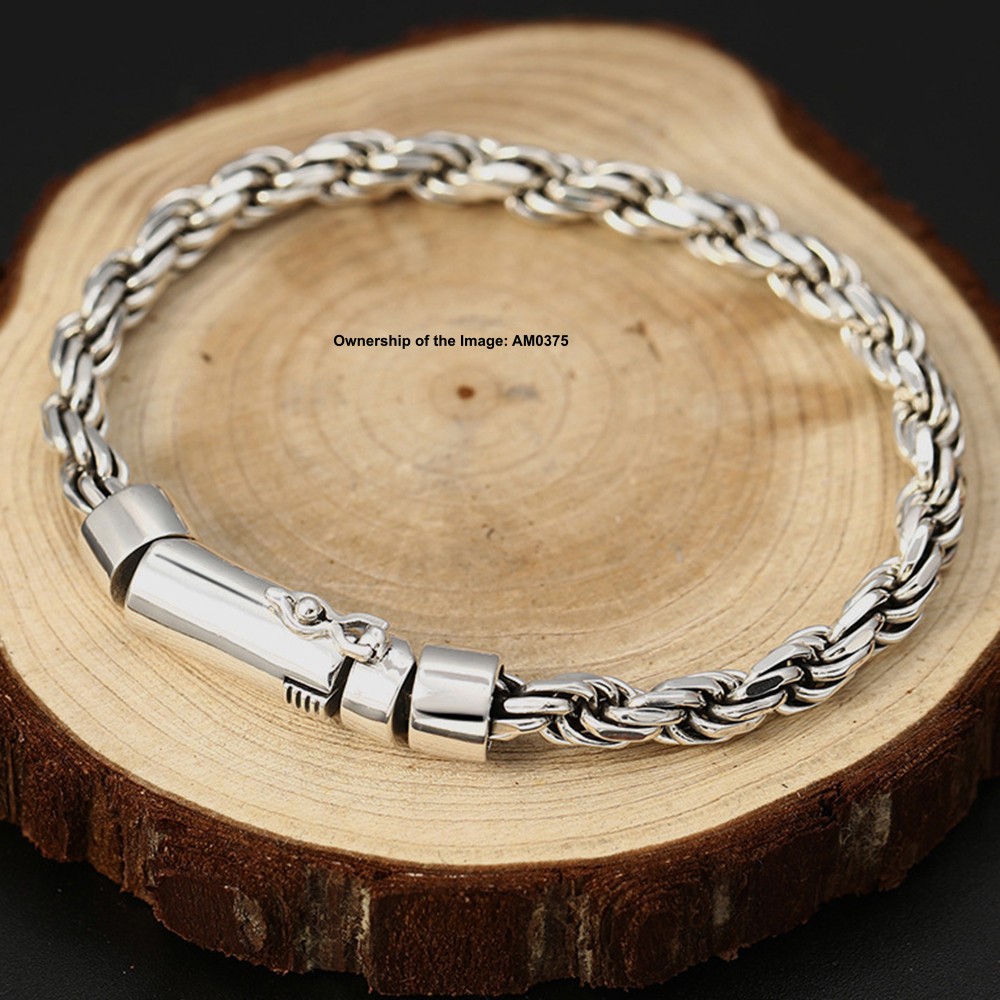 Solid 925 Sterling Silver Bracelet 6mm Rope Link Chain Men’s Bracelet 7.9inch