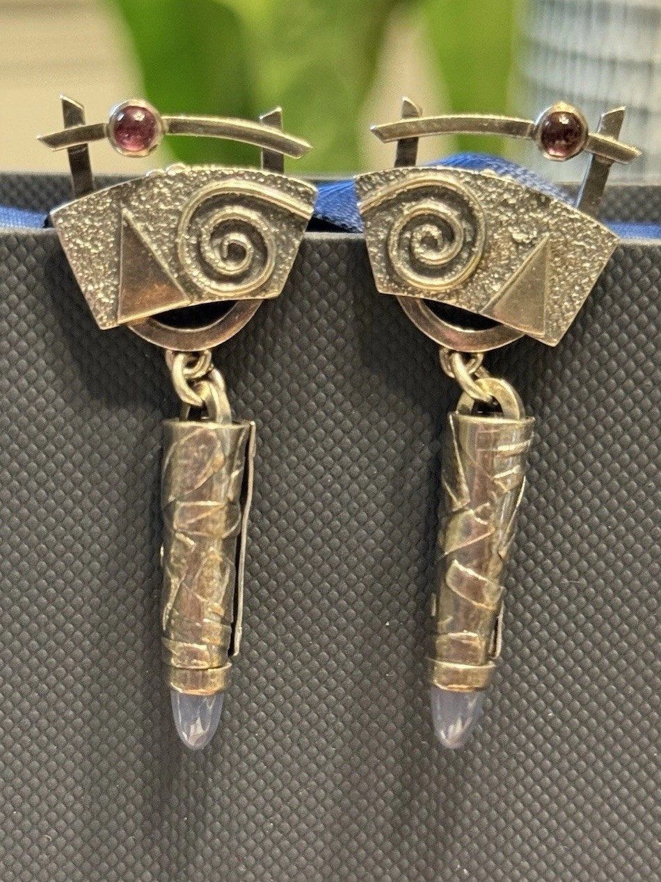 Unique Artisan Sterling Silver Dangle Drop Earrings With Stones