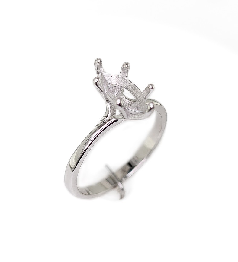 Six Prong Marquise Solitaire Ring Setting Sterling Silver Rhodium Finish