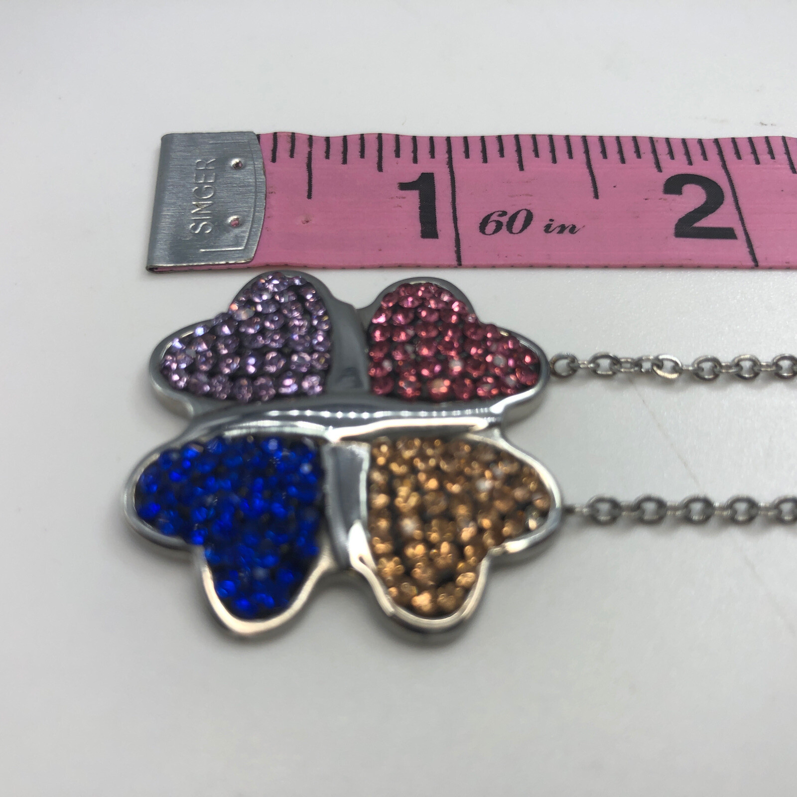 Four Heart Clover Pendant Sparkle Bright Color Silver Tone Chain Multicolor