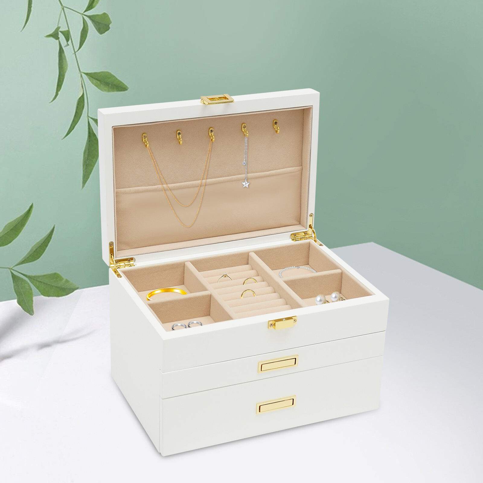 Jewelry Storage Box W/ Safe Lock 3 Layers Large Capacity Organizer with 2 Drawer
