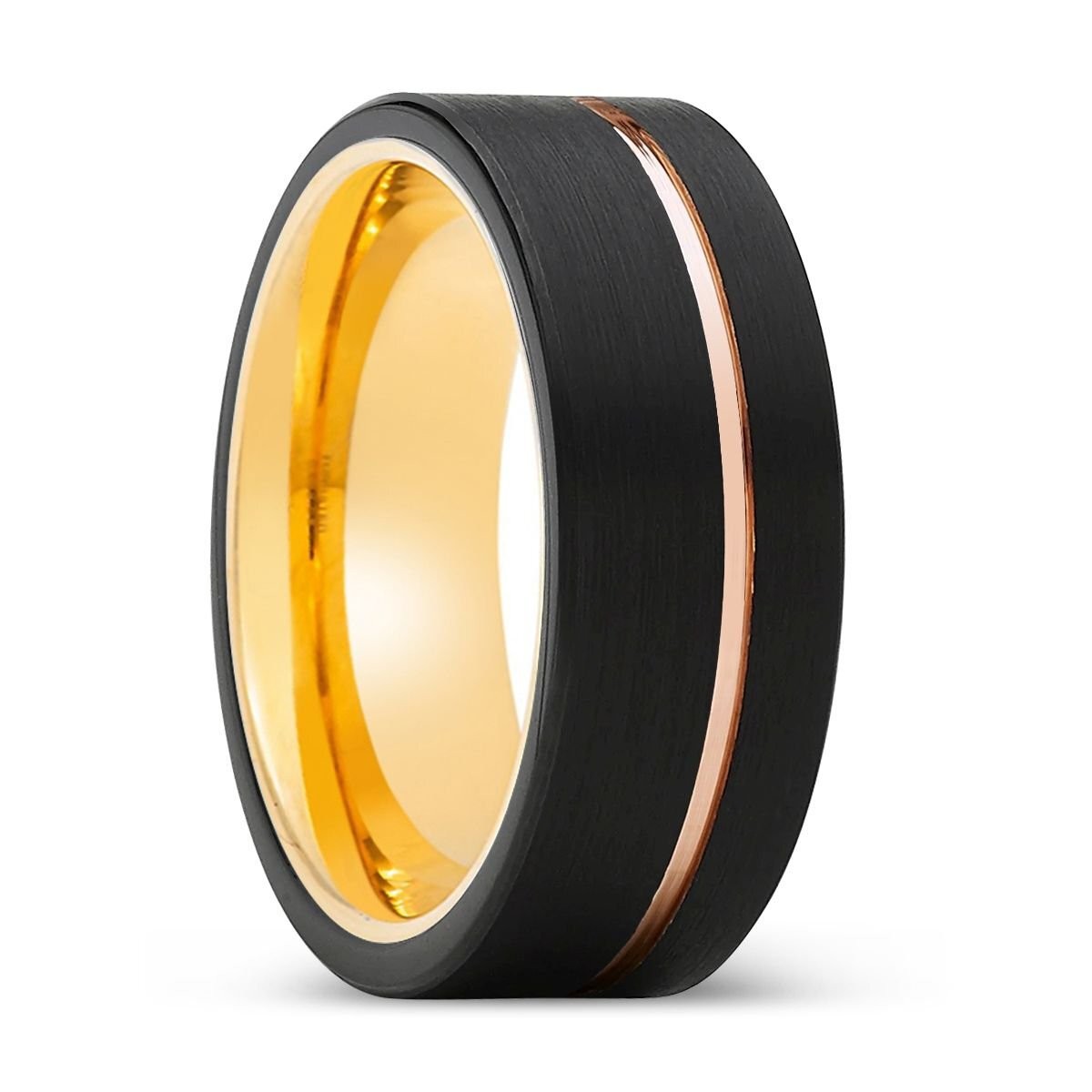 GLORIOUS | Gold Ring, Black Tungsten Ring, Rose Gold Offset Groove, Brushed, Fla