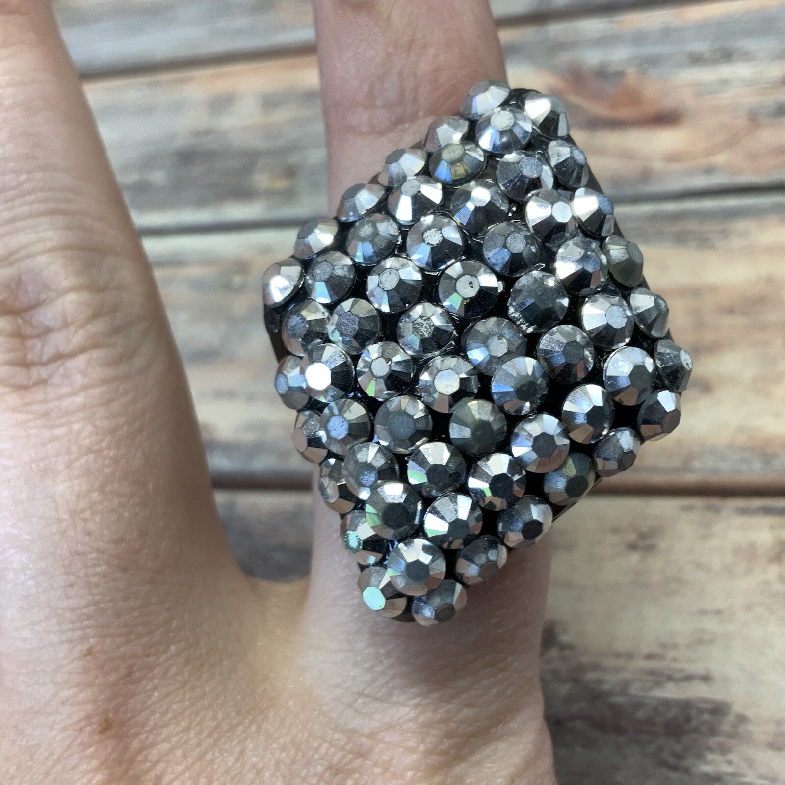 Large silver and black studded bling plastic ring size 7
