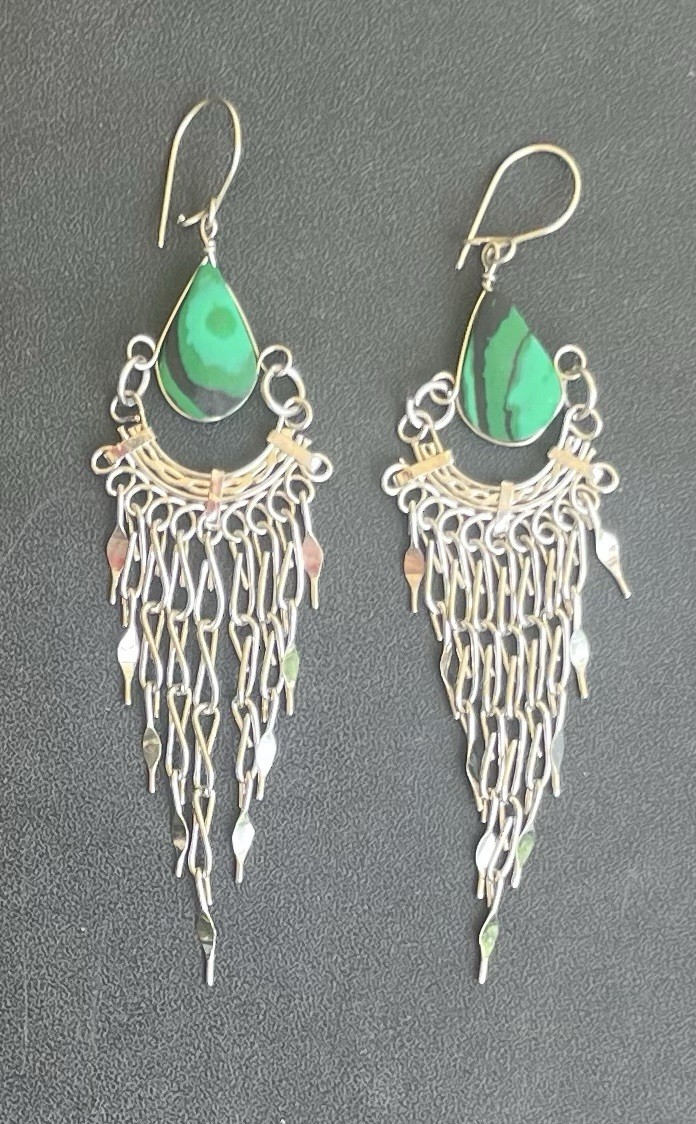 Peruvian Green Malachite Semi-Precious Stone Dangle Earrings Handmade Boho Peru