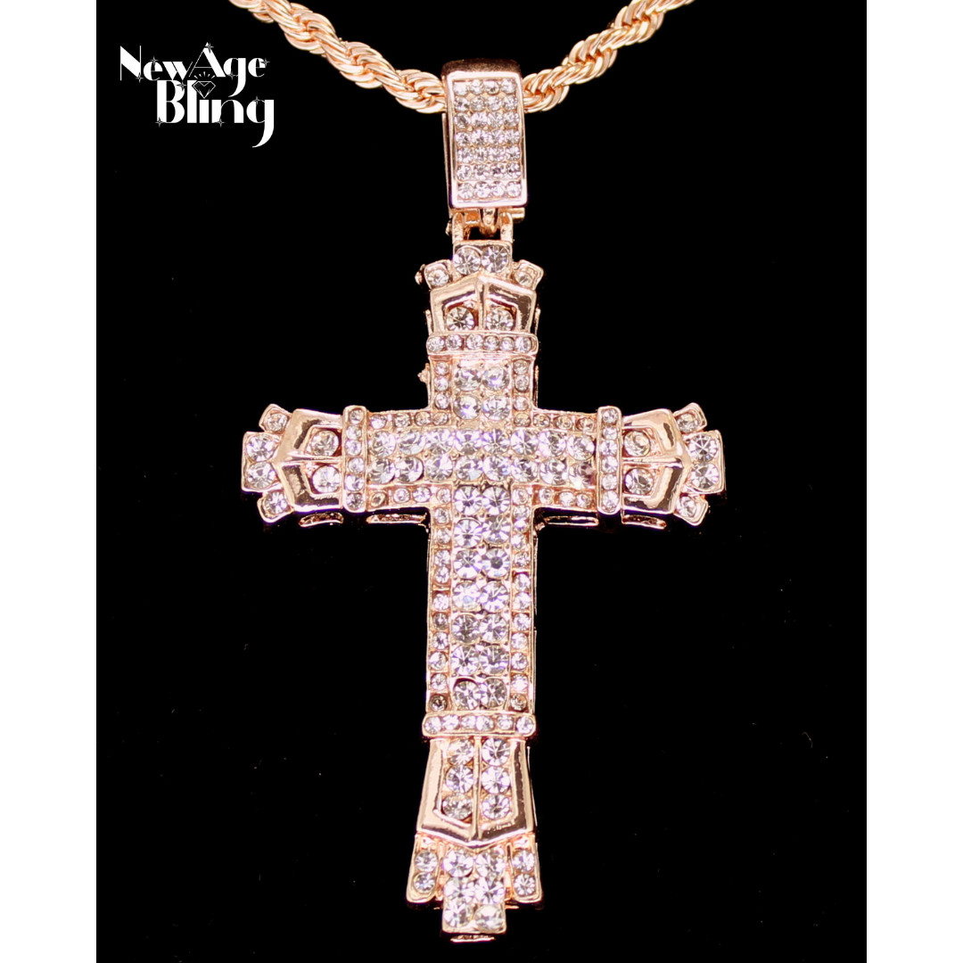 Mens Large CZ Cross Pendant Rose Gold Plated 22″ Rope Hip Hop Necklace