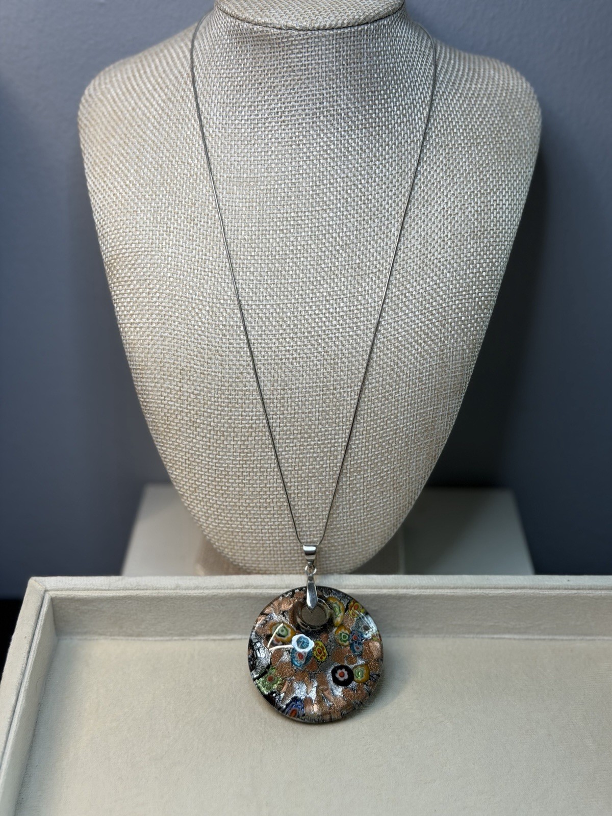 Multicolor Round Glass Pendant Charm Necklace Silver Tone Snake Chain 24in