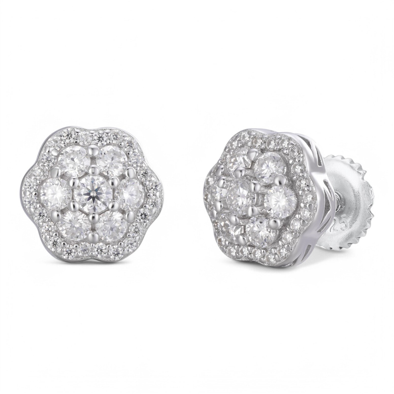 Cluster Hip Hop Earrings Real 925 Sterling Silver 7.5mm-12mm Iced CZ Stone ITALY
