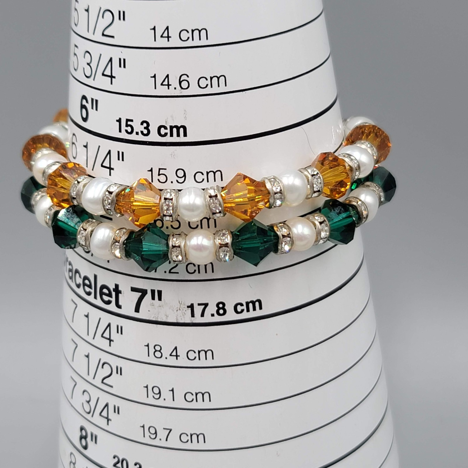 Beaded Bicone Crystal Green Orange Double Strand Bracelet Silver tone Toggle 6.5