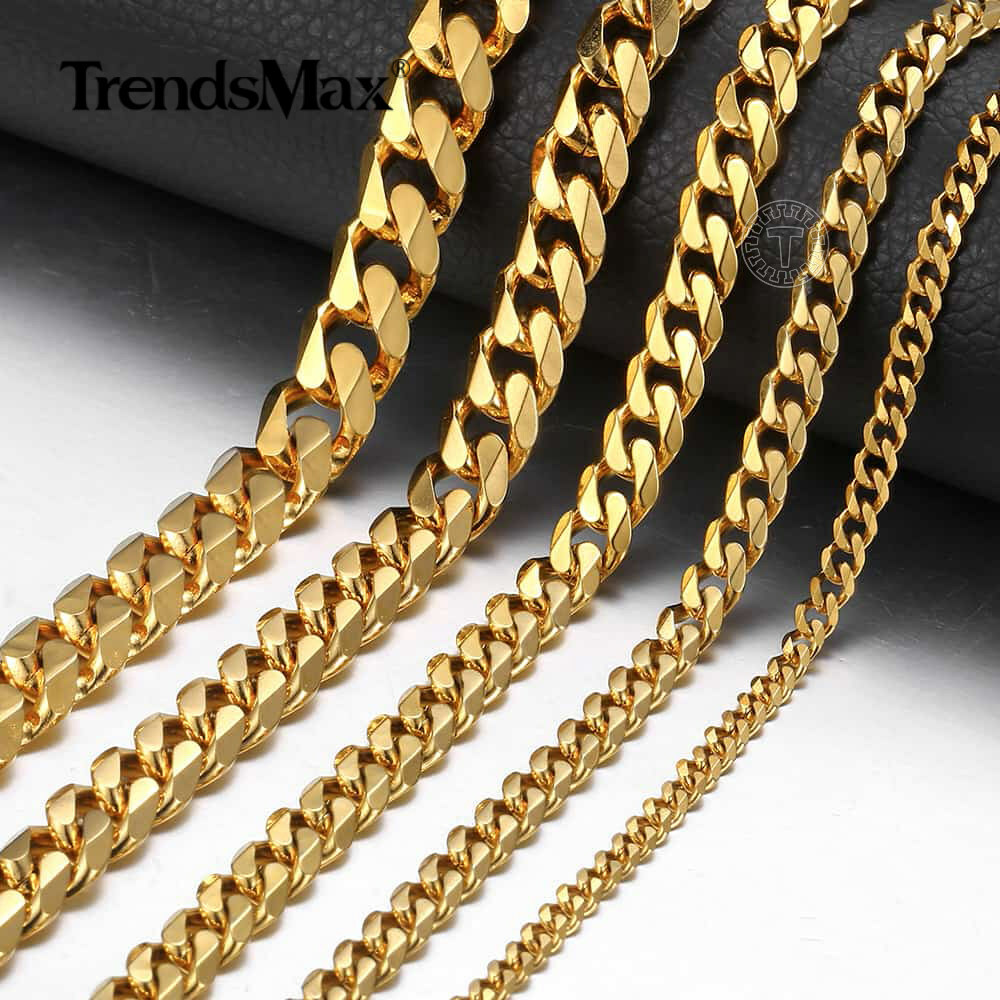 16″-36″ 3/5/7/9/11mm Gold Plated Stainless Steel Curb Cuban Mens Necklace Chain