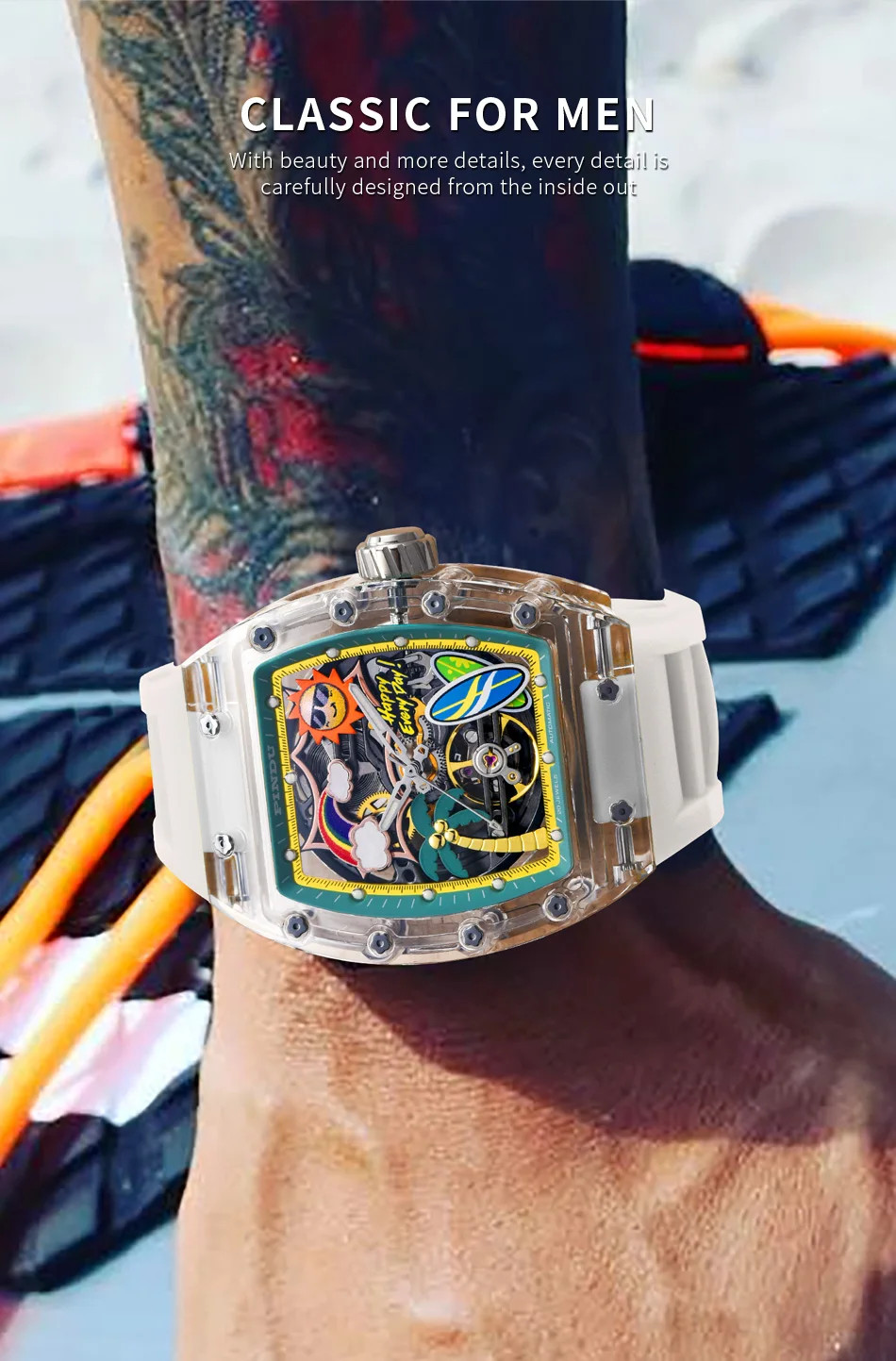 Unique Dial Men’s Mechanical Watch Summer Beach Glow Waterproof Silicone