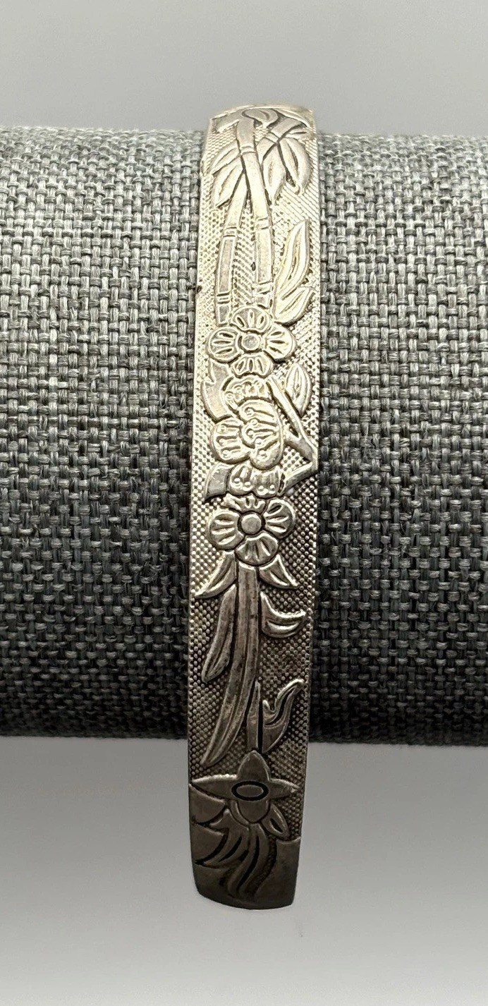 Vintage Chinese Character Bamboo Floral Cuff Bracelet 7” Silver Tone