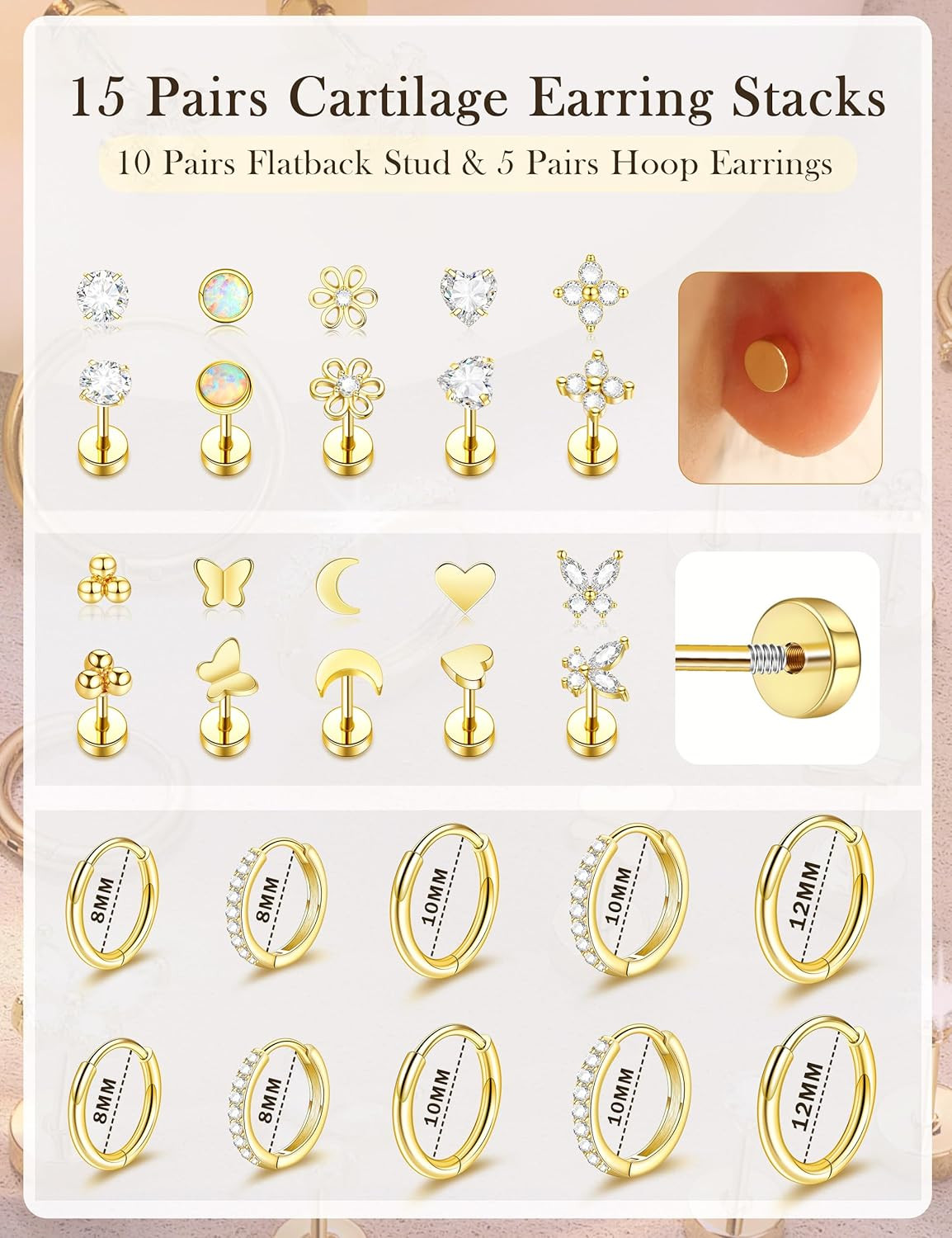 15 Pairs Hypoallergenic Flat Back Cartilage Earrings for Women, Stainless Steel