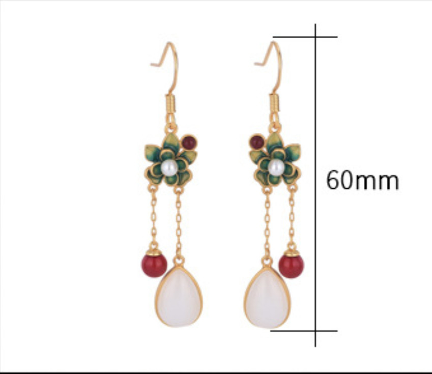 Jade Bohemian Drop Dangle Earrings Flower Dainty Gemstone Hook 18K Gold Plated