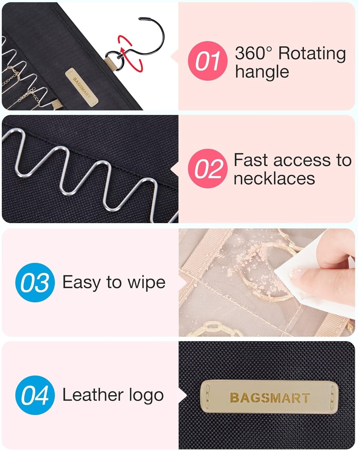 BAGSMART Hanging Jewelry Organizer Storage Roll Double-Sided Necklace Ring Black