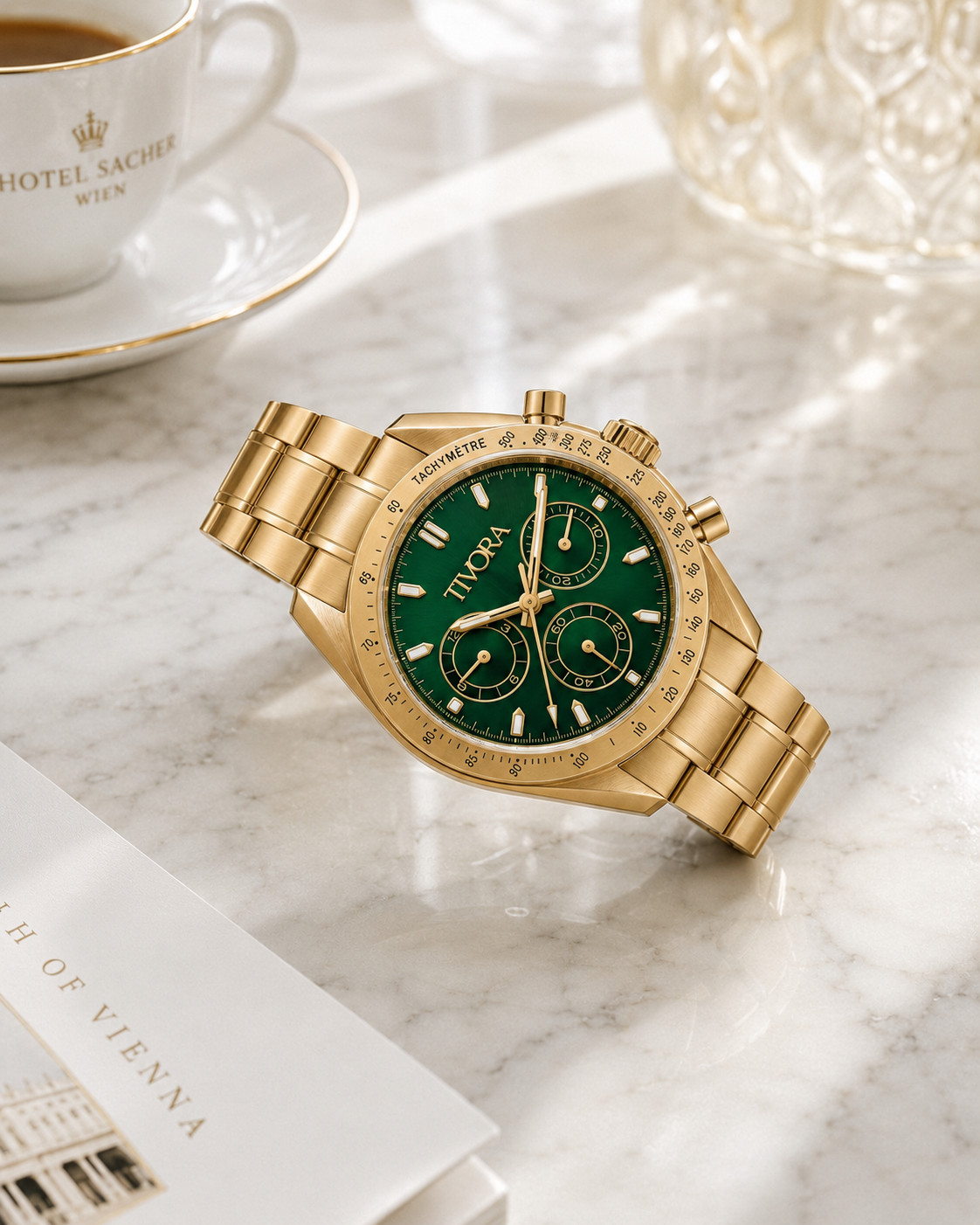 TÍVORÁ Veyron Aurelius Steel Emerald Dial – Custom Branded Automatic Chronograph