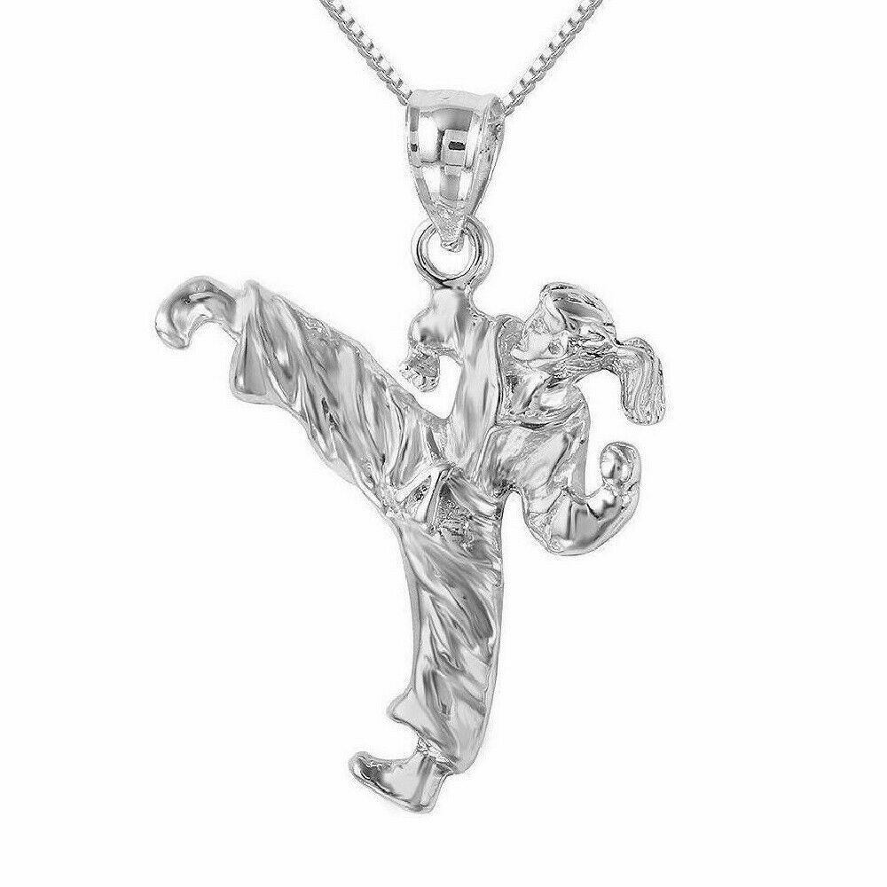 Sterling Silver Female Martial Arts Karate Pendant / Charm, Made USA, Box Chain