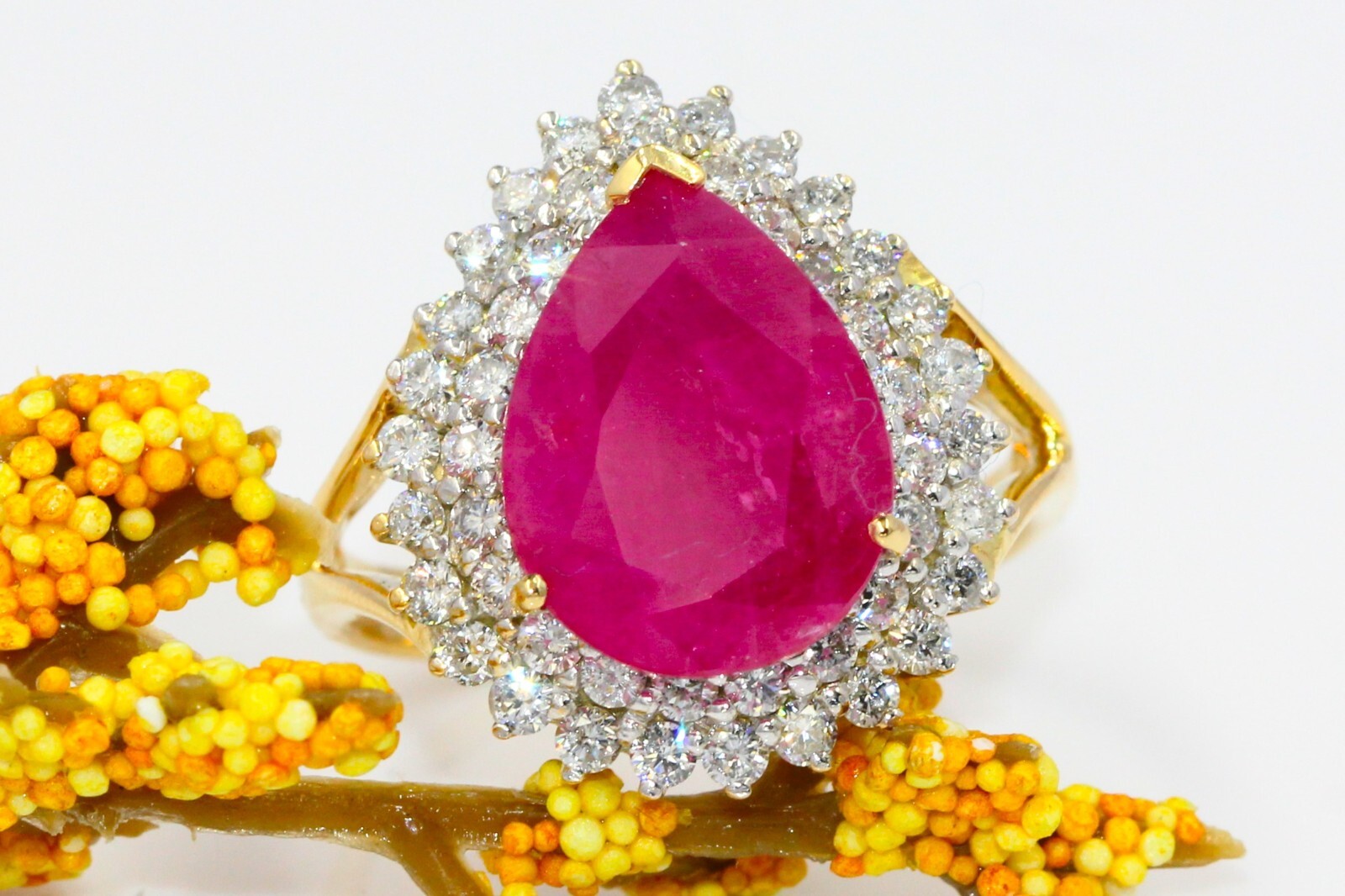 Natural Ruby Diamond 6.80 Carat 18K Yellow Gold Halo Cocktail Engagement Ring