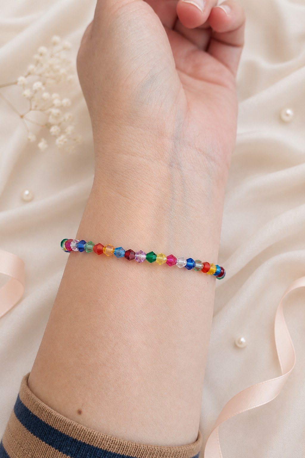 Summer Rainbow Crystal Stretch Beaded Bracelet Sterling Silver Bead Gift for Her