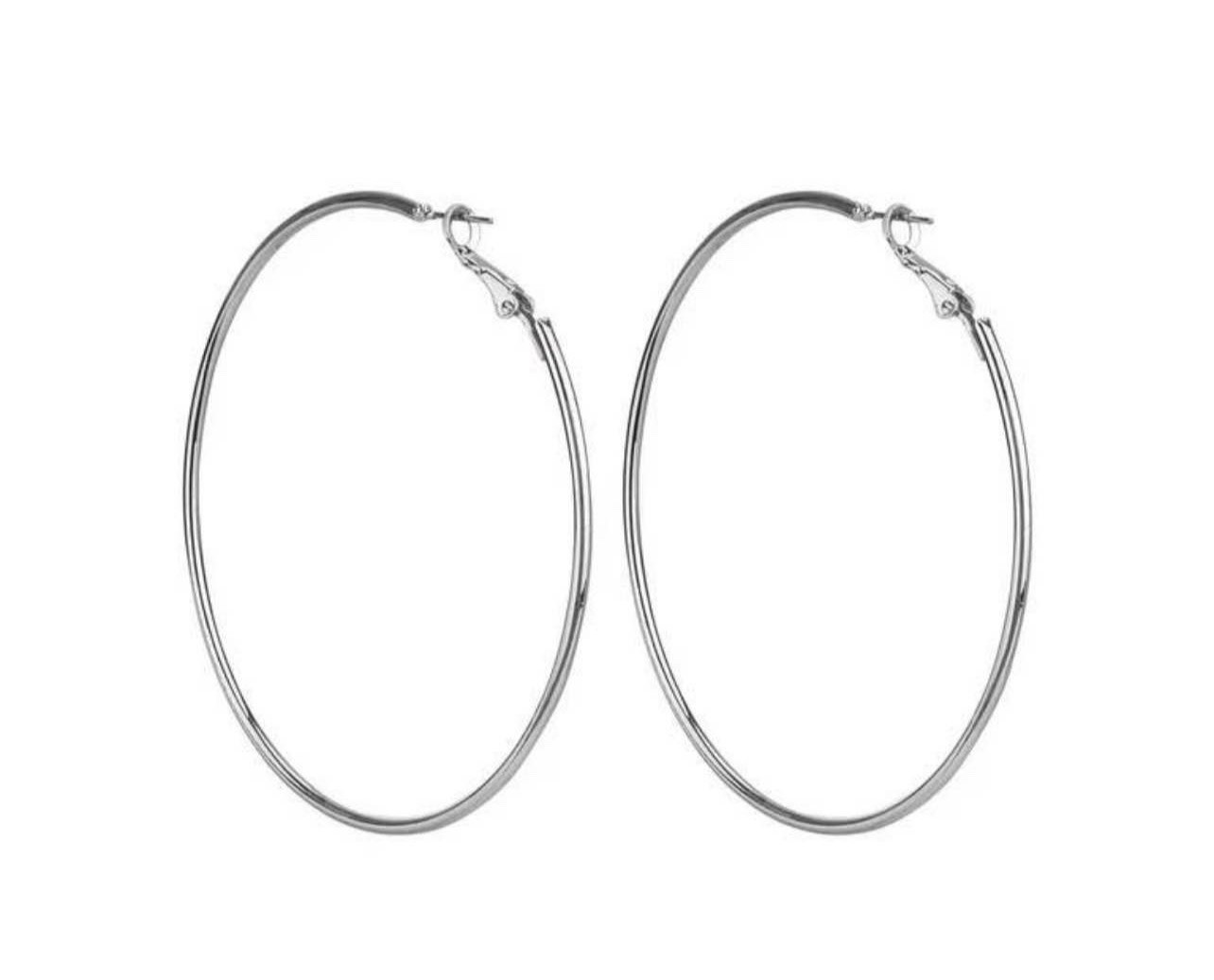 Silver Tone Round Hoop Earrings 2.5 in Diameter Hinged Closure Pair