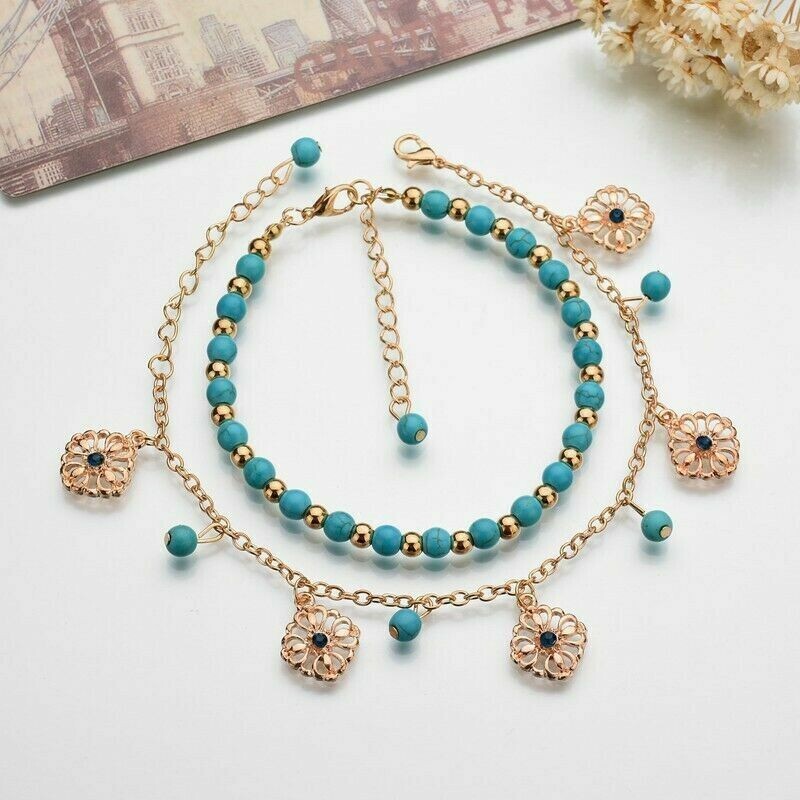 New Turquoise Beaded Barefoot Beach Anklet Foot Chain Jewelry Ankle Bracelet