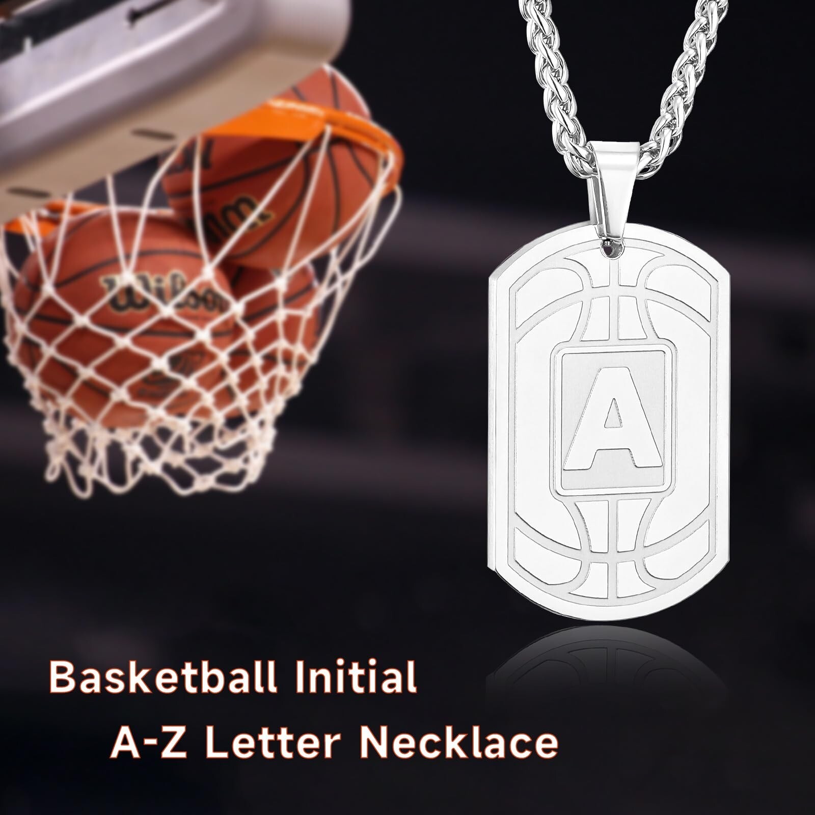 Basketball Initial Necklace for Men Dog Tag Stainless Steel Sliver/Black/Gold…