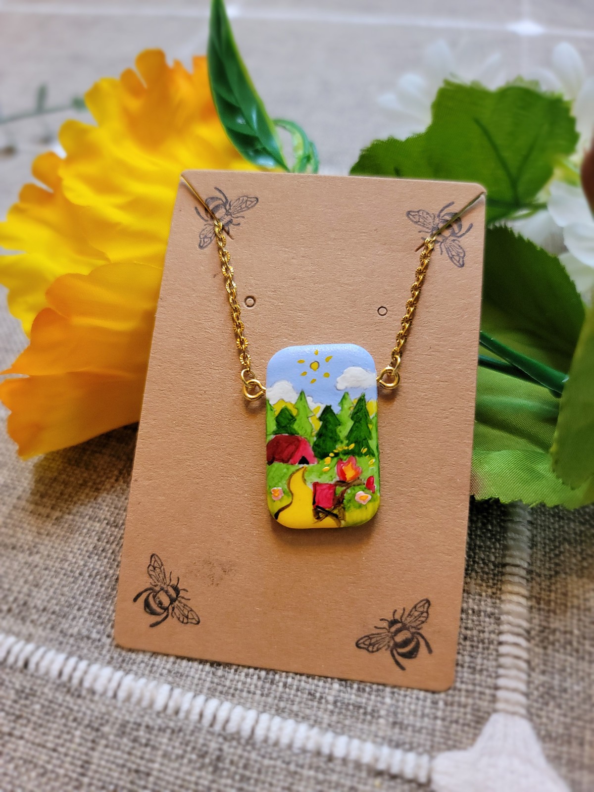 Handmade Polymer Clay Hiking Scenes Necklace | Campsite Pendant Necklace