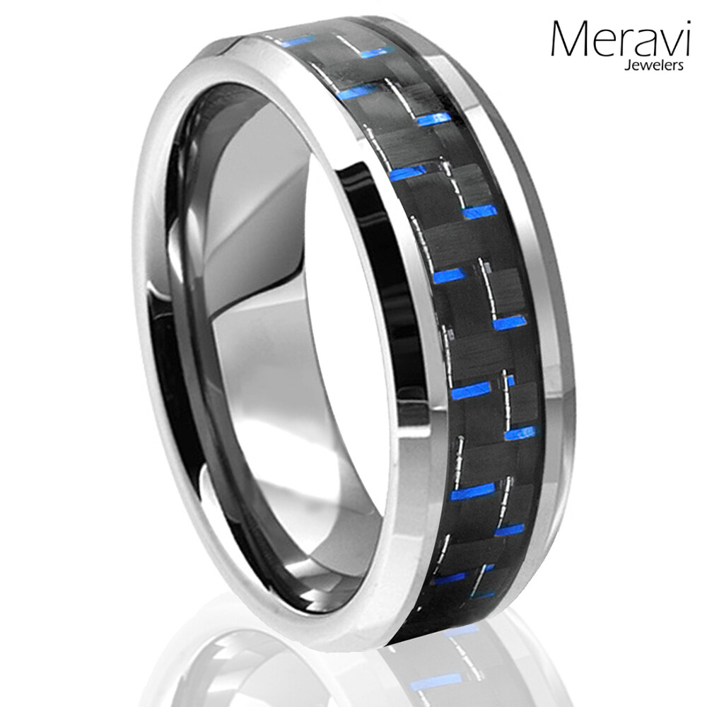 Tungsten Carbide Blue Black Carbon Fiber Ring Men Engagement Wedding Band Silver