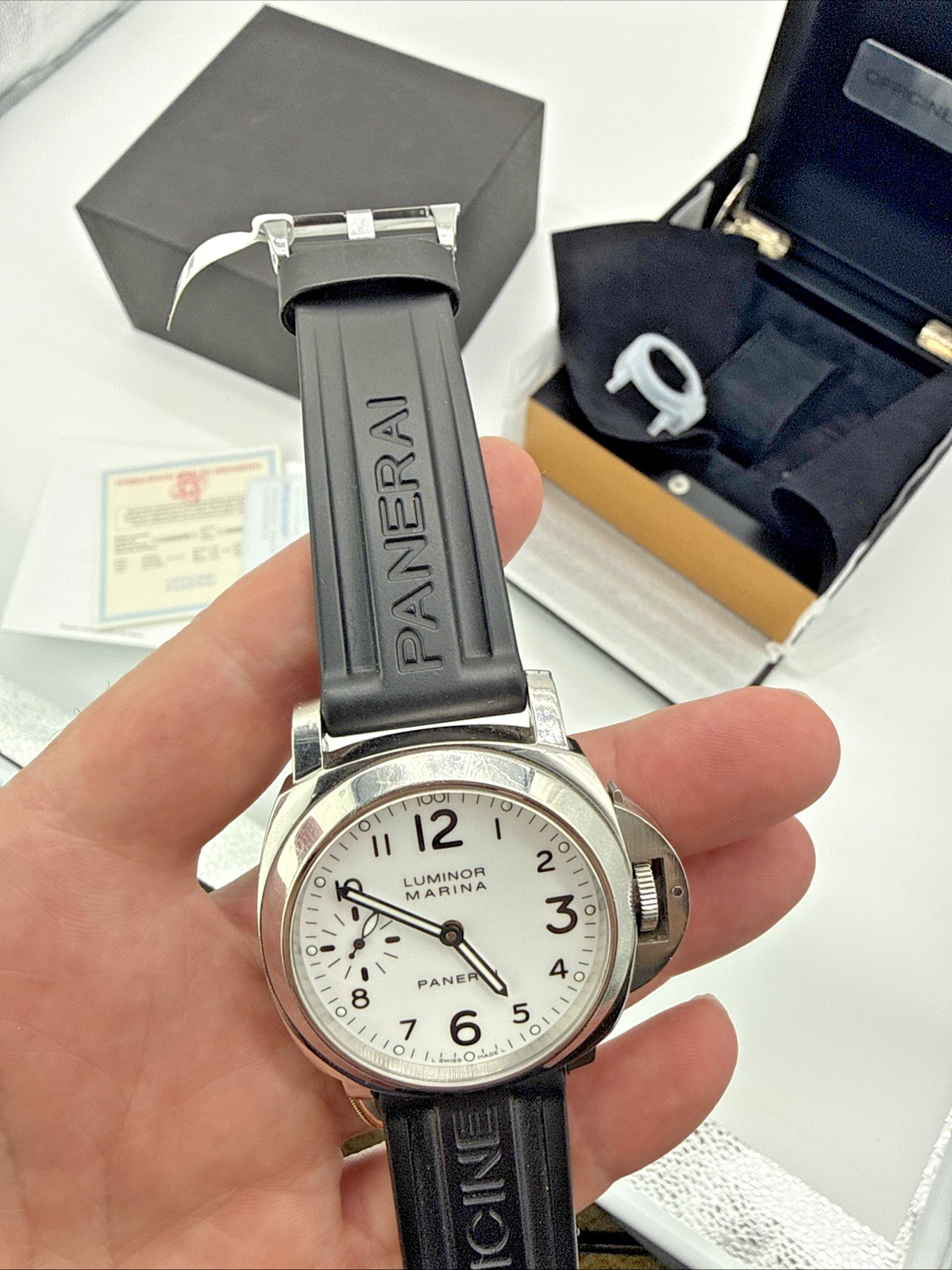 PANERAI 44MM Luminor MARINA PAM00113 OP6567 Box Papers WHITE DIAL Blk Rubber Bnd