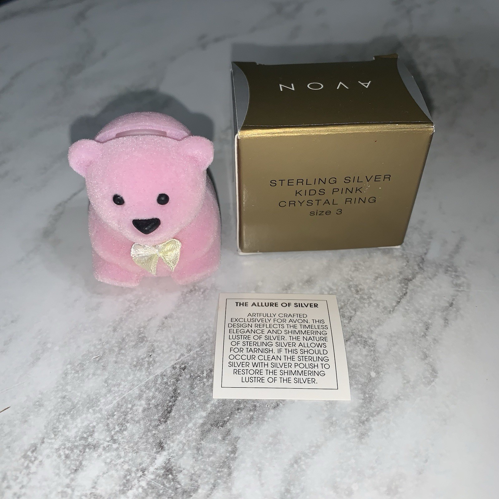 Vintage Avon Sterling Silver Kids Pink Crystal Ring Size 3 Pink Fuzzy Bear 925