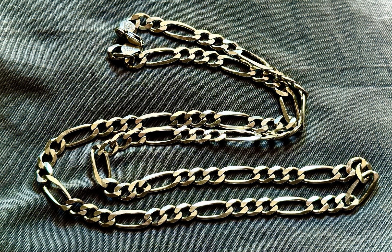 Sterling Silver Figaro Necklace 28” Long 44 Grams 7.5 MM Wide.