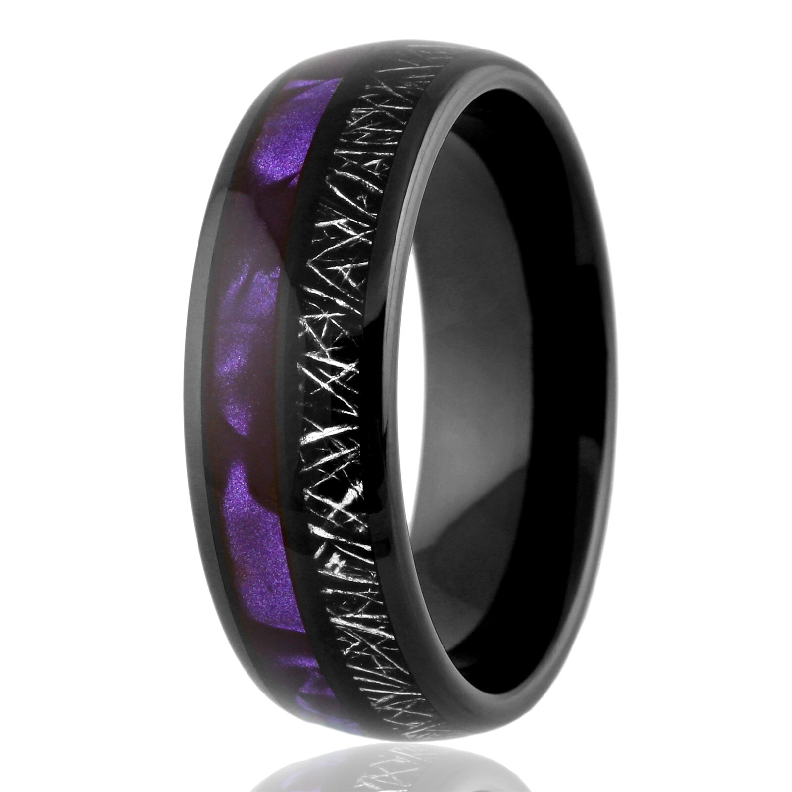 Black Tungsten Carbide Ring Purple Shell and Faux Meteorite Stripe Wedding Band