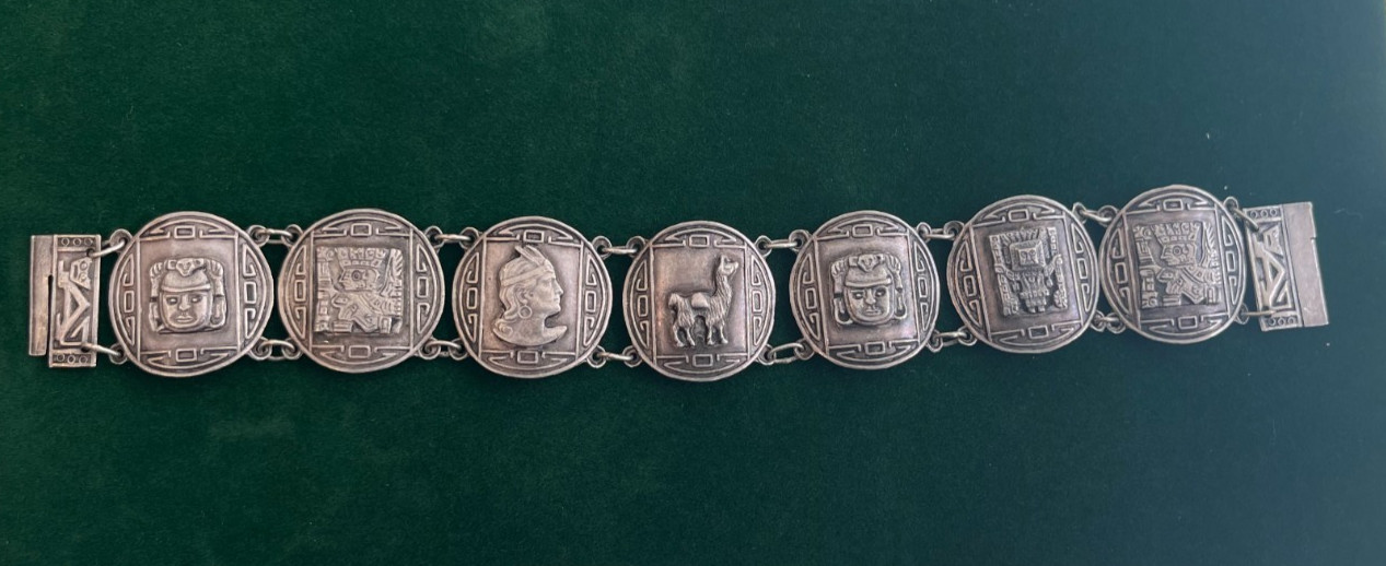 Vintage Signed Peruvian Sterling Silver 925 Bracelet Incan Aztec