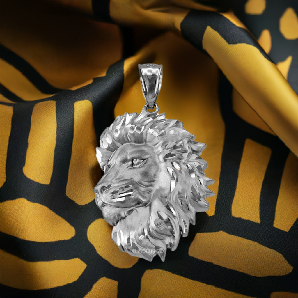 Sterling Silver Lion Face Sparkle Cut Pendant Necklace