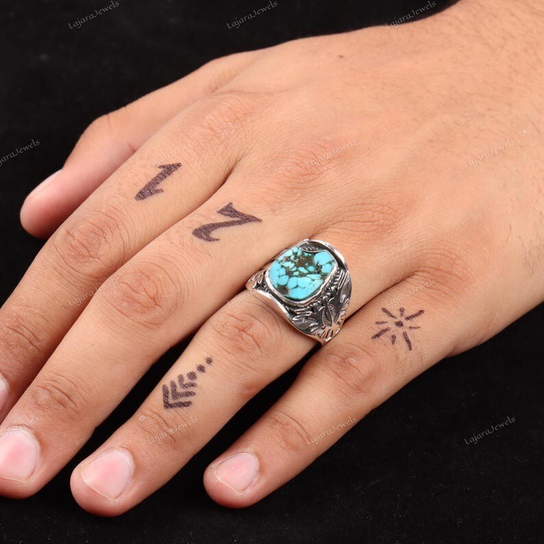 Tibetan Turquoise Raw Ring 925 Sterling Silver Ring Men’s Signet Handmade Ring