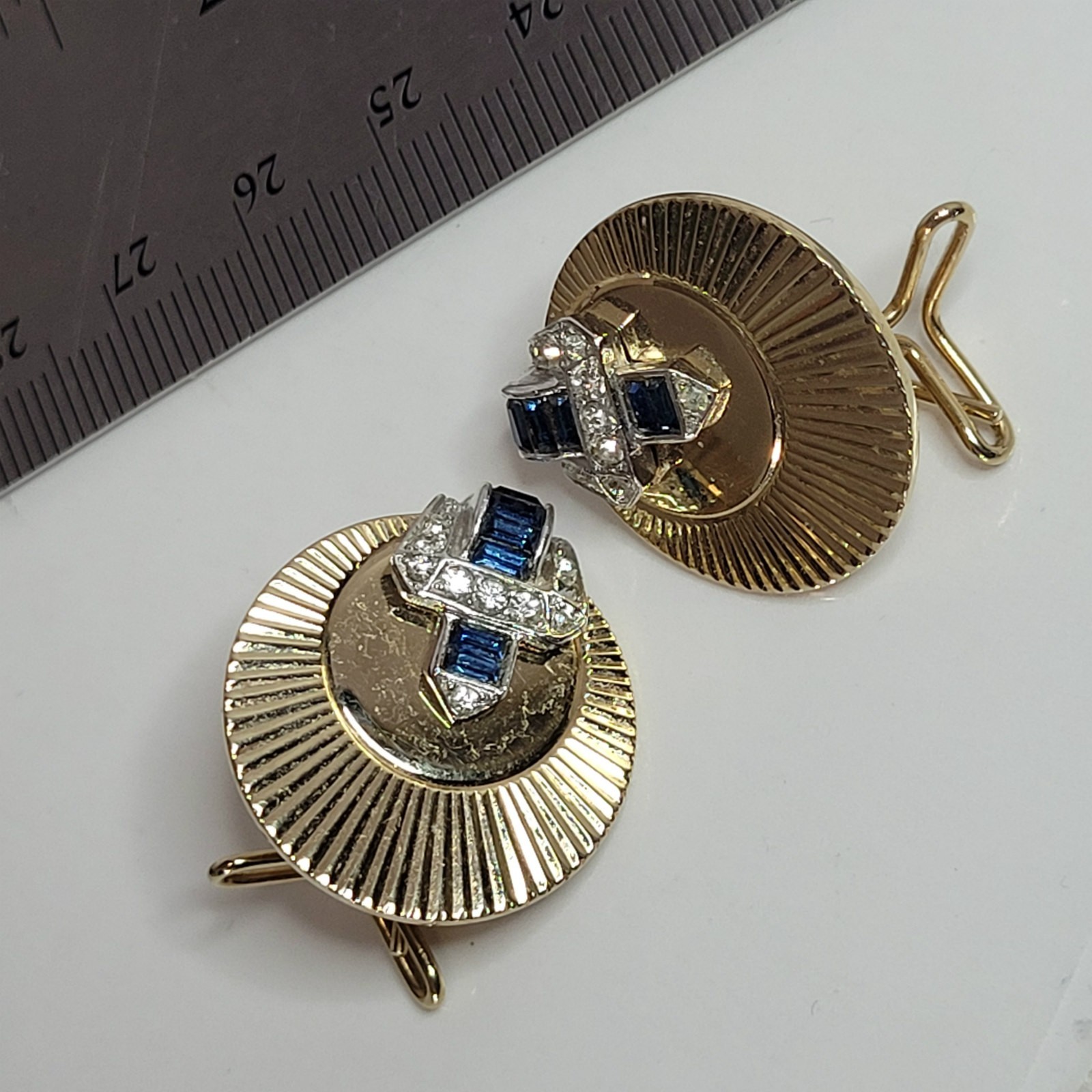 Boucher Rhinestone Earrings blue gold tone wingback vintage