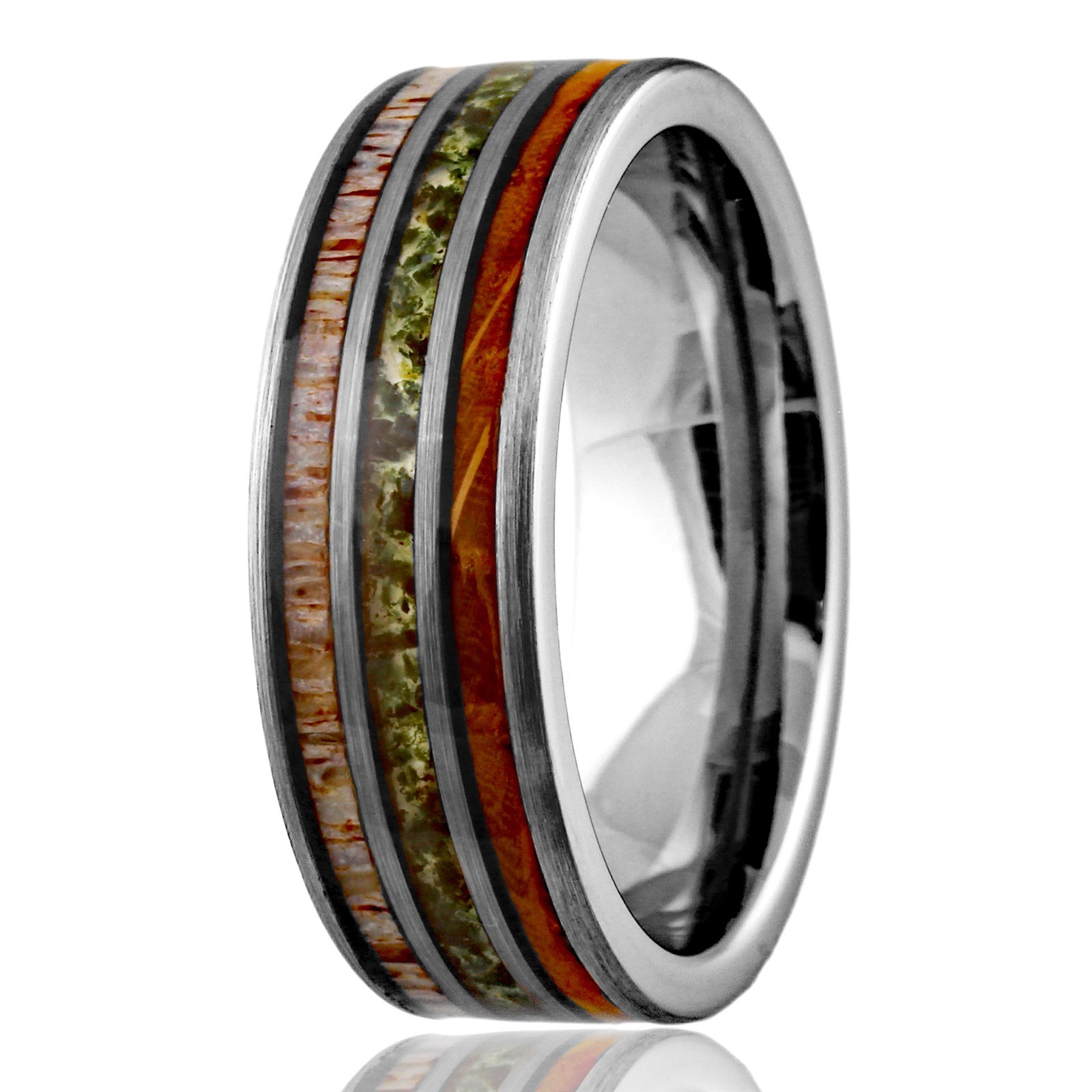Tungsten Carbide Moss Agate Deer Antler Whiskey Barrel Band Ring
