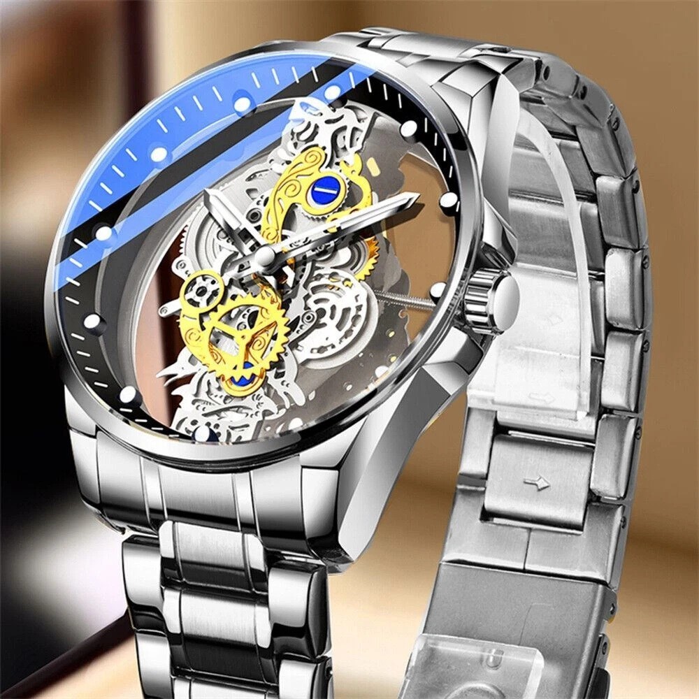 Hollow Skeleton Luxury Men’s Automatic Quartz Stainless Steel Business Watch