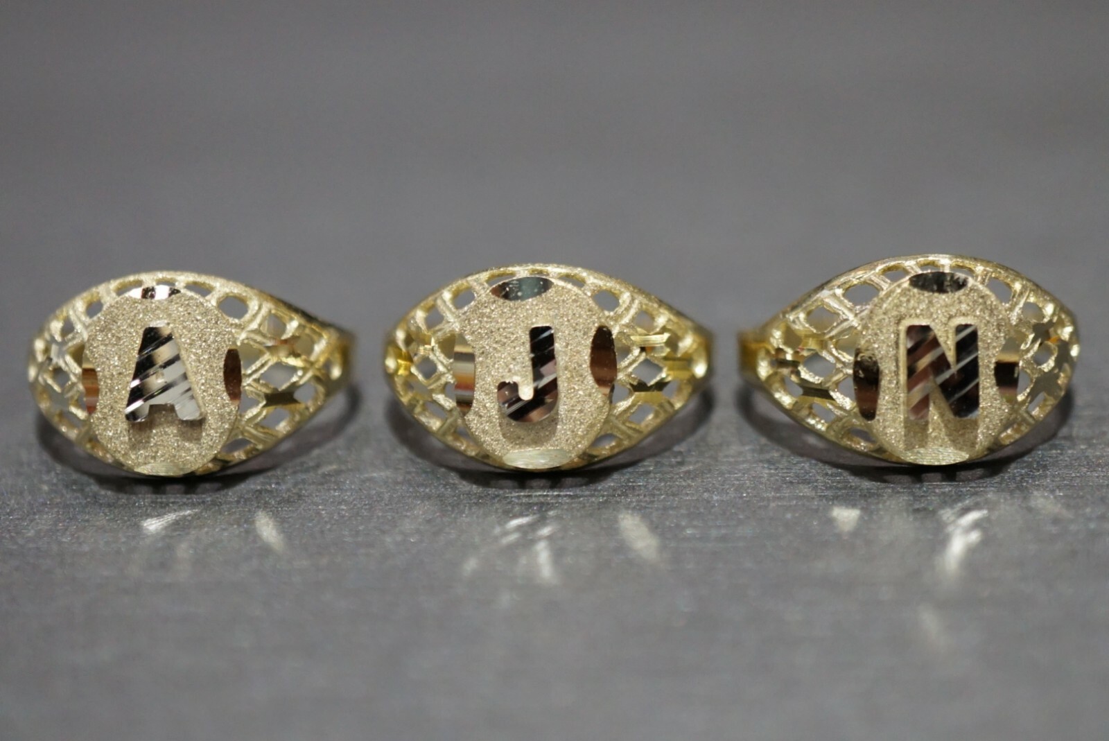 10K Solid Yellow Gold Diamond Cut Oval Initial Women Men Children Letter Ring.