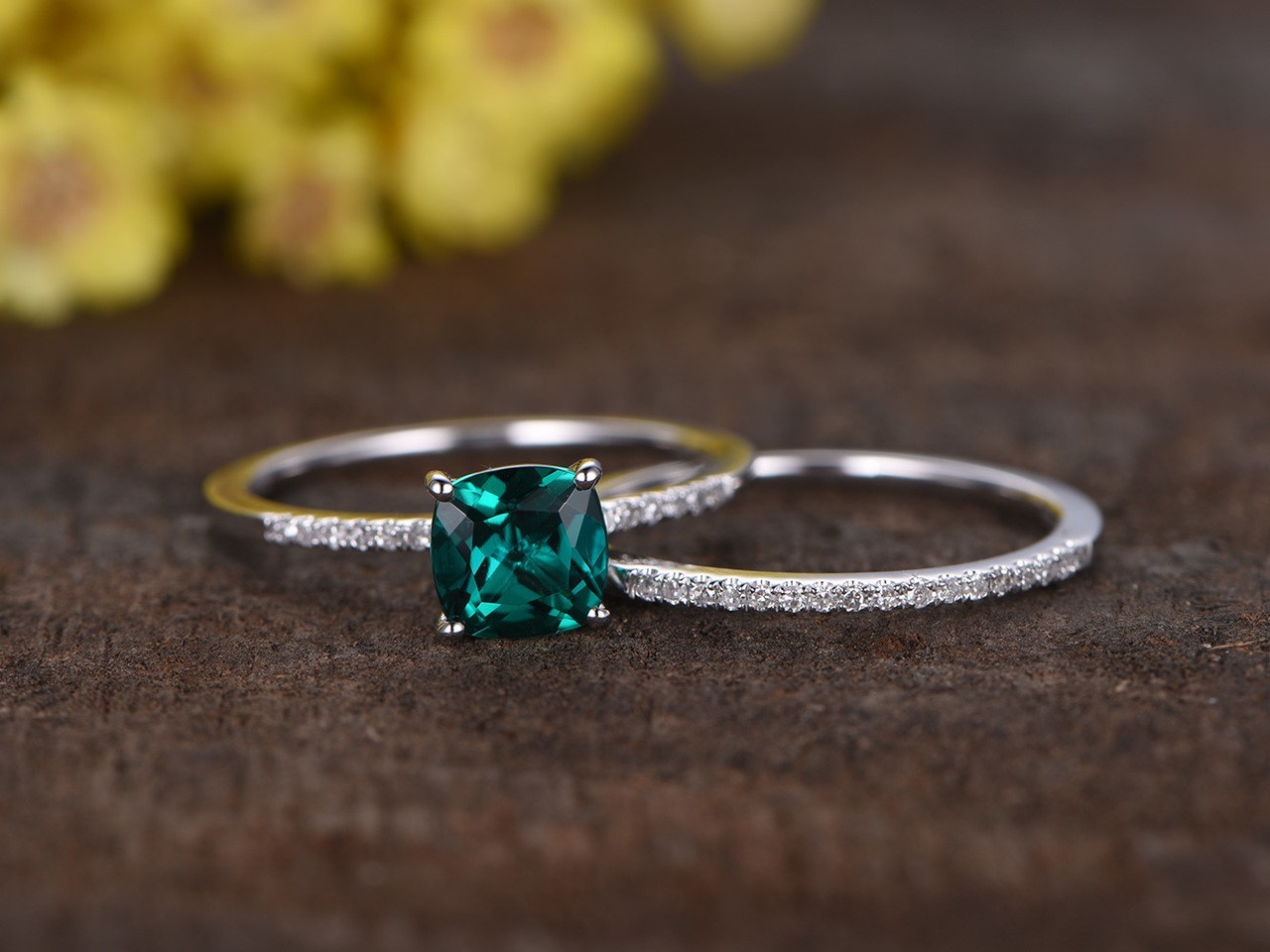 1.30 Ct Cushion Cut Natural Emerald Diamond Wedding Ring 14K White Gold Size 7